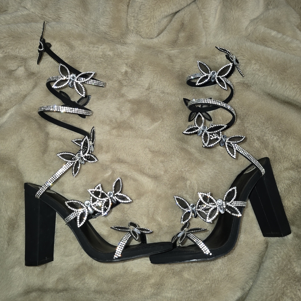 Black Rhinestone Floral Lace-Up Block Heel Sandals